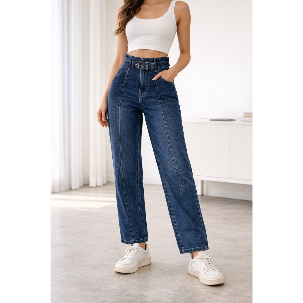 We The Free Jeans Womens 29 Blue Belted High Rise Straight Leg Seamed Denim‎